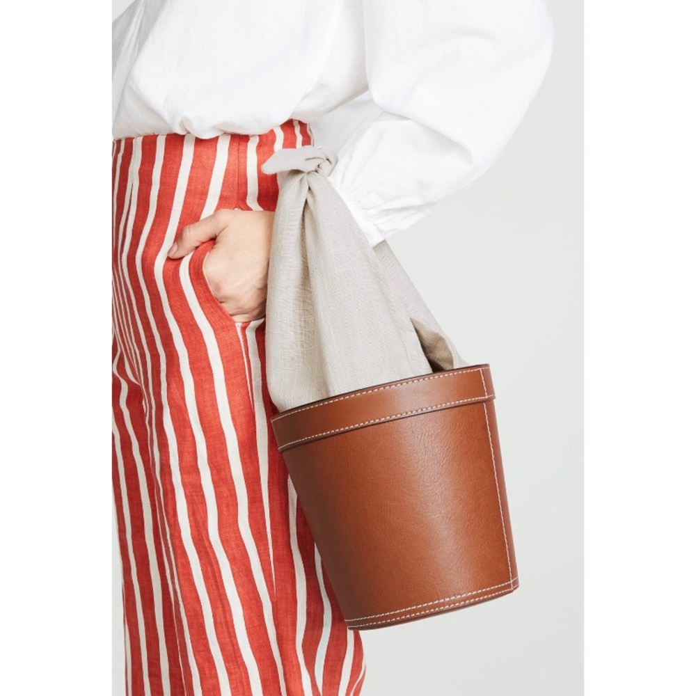 Staud Britt Linen & Leather Brown Bucket Bag